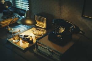 Film noir detective desktop with revolver