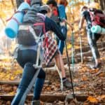 Group of friends with backpacks trekking together and climbing in forest