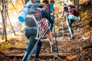 Group of friends with backpacks trekking together and climbing in forest