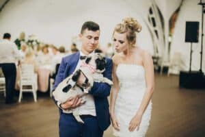 Stylish bride and groom hugging and having fun with pug dog in bow tie